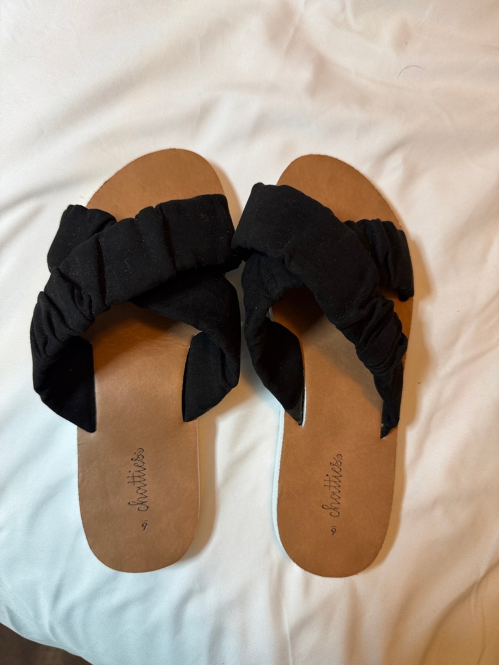 chatties Black Ruched Slide Sandals with Tan Footbed
